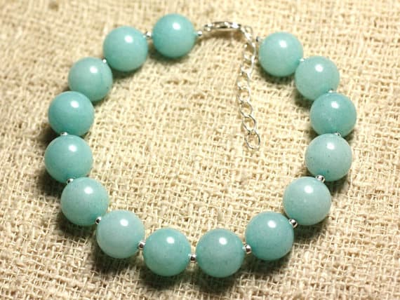 925 sterling Silver Wholesale Silver helling 10mm Stracking Blue Jade Bracelet Round, Smooth 7.5" for mens, womens, gf, bf & Adult.