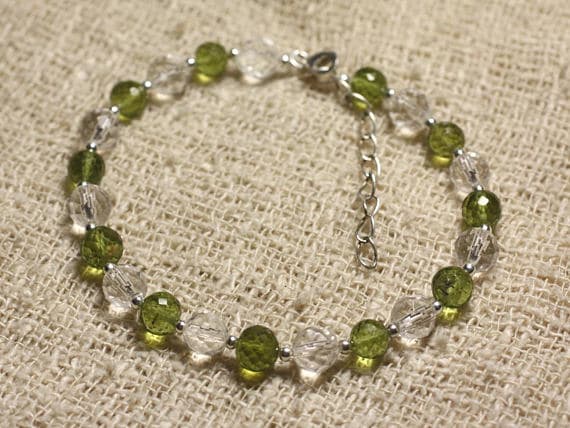 925 sterling Silver Galaxy Jewelry Silver Helling 6mm Stracking Green & White Peridot & Crystal Bracelet Round, Faceted 7" for mens, womens, gf, bf & Adult.