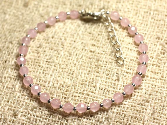 925 sterling Silver good luck gift Silver Helling 4MM Stracking Pink Jade Bracelet Round, Faceted 7" for mens, womens, gf, bf & Adult.
