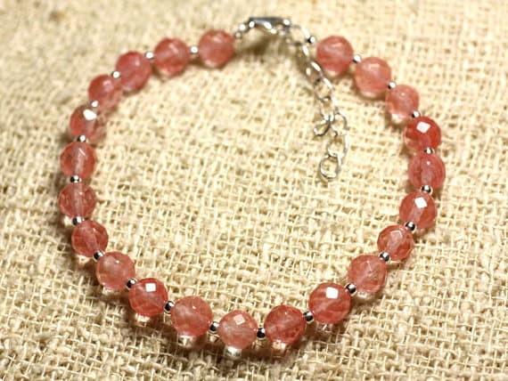 925 sterling Silver Natural Silver Helling 6mm Stracking Pink Cherry Quartz Bracelet Round, Faceted 7" for mens, womens, gf, bf & Adult.