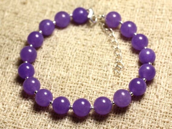 925 sterling Silver Handmade Beaded Silver Helling 8mm Stracking Purple Jade Bracelet Round, Smooth 7" for mens, womens, gf, bf & Adult.