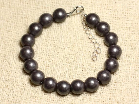 925 sterling Silver Dainty Slave Loose Silver Helling 10mm Stracking Black Hematite Bracelet Round, Smooth 7" for mens, womens, gf, bf & Adult.