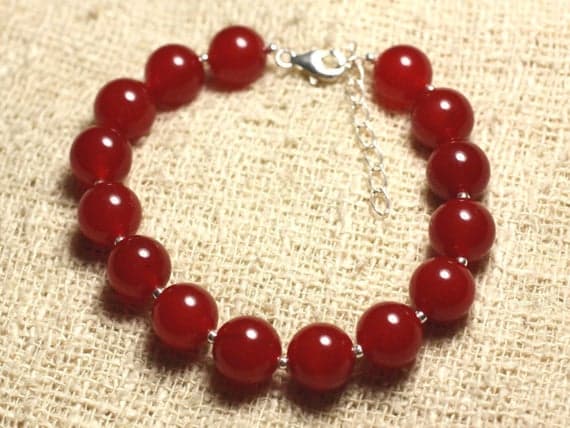 925 sterling Silver Anxiety Relief Calming Silver Helling 10mm stacking Red Jade Bracelet Round, Smooth 7.5" for mens, womens, gf, bf & Adult.