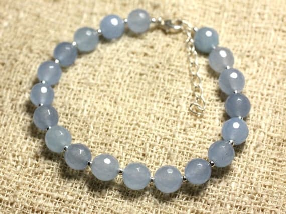 925 sterling Silver Anxiety Relief Calming Silver Helling 8mm Stracking Blue Jade Bracelet Round, Faceted 7" for mens, womens, gf, bf & Adult.