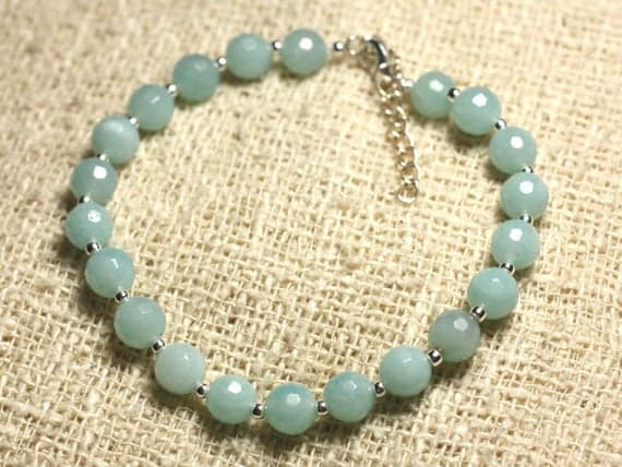 925 sterling Silver good luck gift Silver Helling 6mm Stracking Aqua Amazonite Bracelet Round, Faceted 7" for mens, womens, gf, bf & Adult.