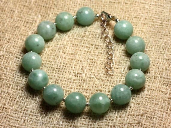 925 sterling Silver Rock Gift Silver Helling 10mm Stracking Green turquoise Quartz  Bracelet Round, Smooth 7.5" for mens, womens, gf, bf & Adult.