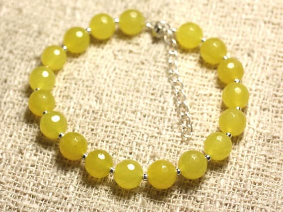 925 sterling Silver Empath Protection Silver Helling 8mm stacking Yellow Jade Bracelet Round, Faceted 7" for mens, womens, gf, bf & Adult.