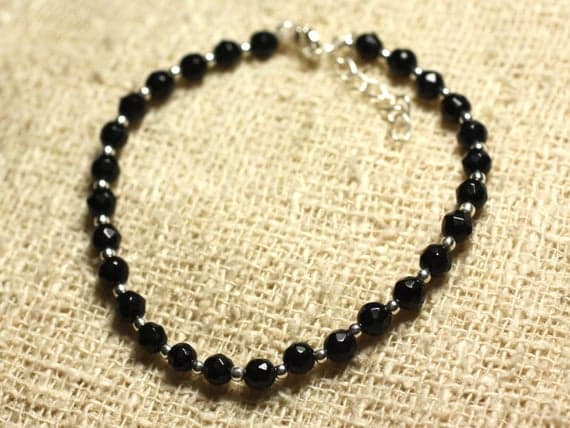 925 sterling Silver Handmade Beaded Silver Helling 4mm Stracking Black Jade Bracelet Round, Faceted 7" for mens, womens, gf, bf & Adult.