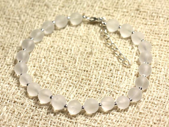 925 sterling Silver Grounding Silver Helling  6mm Stracking White crystal Quartz matte Bracelet Round, Smooth 7" for mens, womens, gf, bf & Adult.