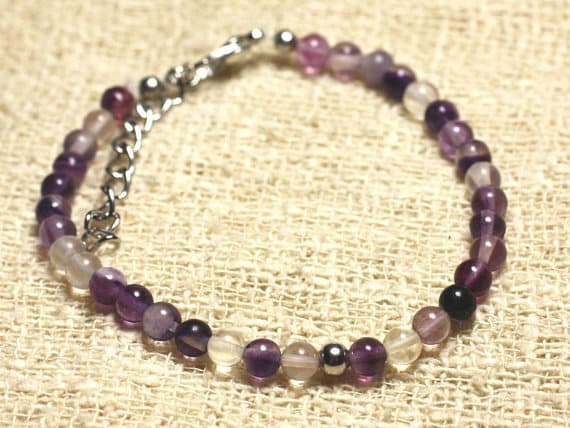 925 sterling Silver Grounding Silver Helling  4mm Stracking Purple Fluorite Bracelet Round, Smooth 7" for mens, womens, gf, bf & Adult.
