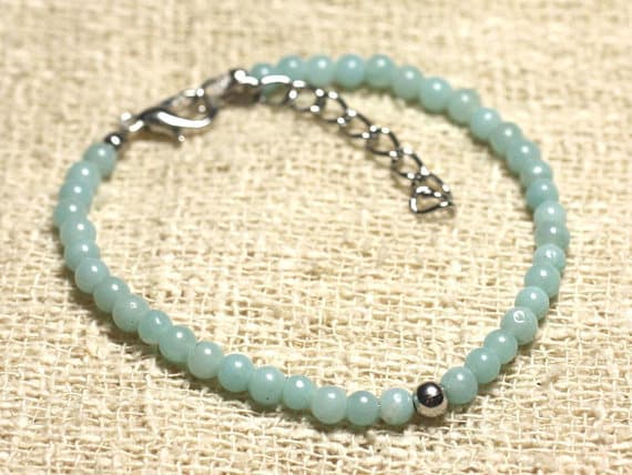 925 sterling Silver Anxiety Relief Calming Silver Helling 3mm stacking Aqua Amazonite Bracelet Round, Smooth 7" for mens, womens, gf, bf & Adult.