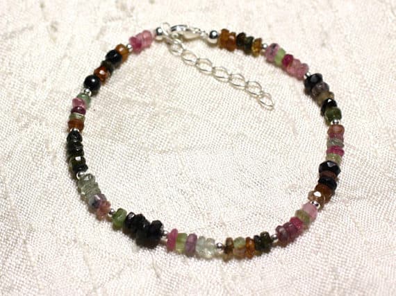 925 sterling Silver Artisan Loose Silver Helling 3x2mm stacking Multi Multi Tourmaline Bracelet Rondelle, Faceted 7" for mens, womens, gf, bf & Adult.