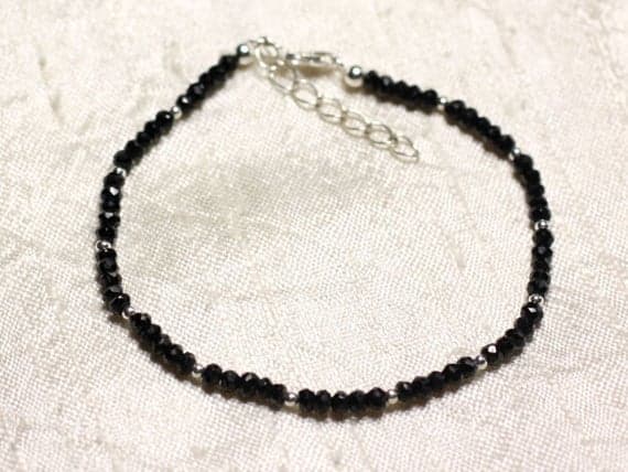 925 sterling Silver Natural Silver Helling 3x2mm stacking Black black spinel  Bracelet Rondelle, Faceted 7" for mens, womens, gf, bf & Adult.