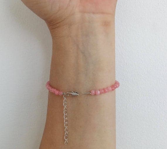 925 sterling silver Anxiety Gemstone 4mm Pink Agate stacking Bracelet Round, Smooth 18cm for mens, womens, gf, bf and adults.