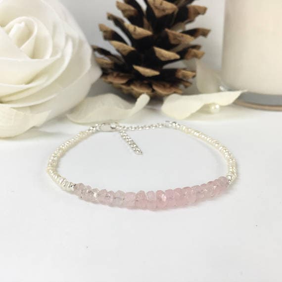 925 sterling Silver Galaxy Jewelry Silver Helling 3-5mm stacking Pink Pink Morganite & Pearl  Bracelet Rondelle, Faceted 7" for mens, womens, gf, bf & Adult.