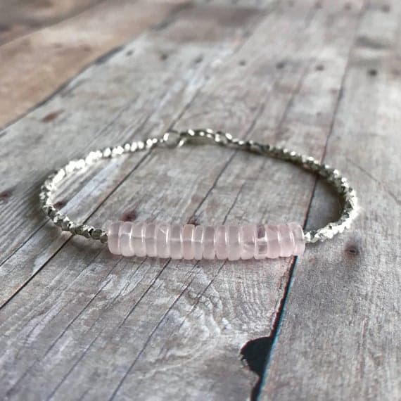 925 sterling silver Unique Wedding Gift 4mm Pink Rose Quartz  stacking Bracelet rondelle, Smooth 18cm for mens, womens, gf, bf and adults.