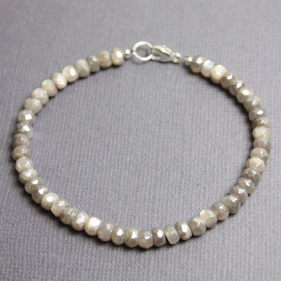 925 Steling Silver Bridesmaid Jewelry 4 mm Stracking grey Grey Moonstone Bracelet Rondelle, Faceted 7" for mens, womens, GF, BF, Adults.