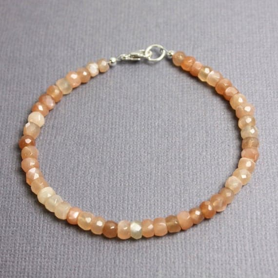 925 Steling Silver Rock Gift 4 mm Stracking Orange Peach Moonstone Bracelet Rondelle, Faceted 7" for mens, womens, GF, BF, Adults.