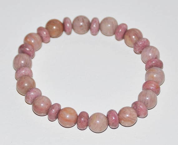 Anxiety Relief Calming 8mm Pink Rhodonite Stretchable Bracelet Rondelle,Round, Smooth 18cm for mens, womens, gf, bf and adults.