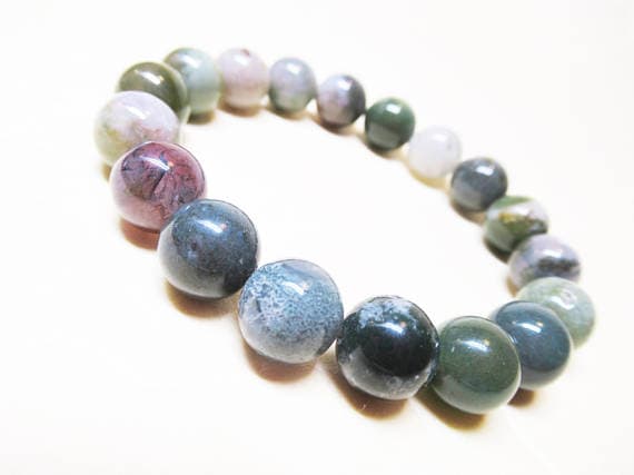 Positive Energy 10mm Stretchable Multi Moss Agate Bracelet Round, Smooth 7.5" for mens, womens, GF, BF, Adults.