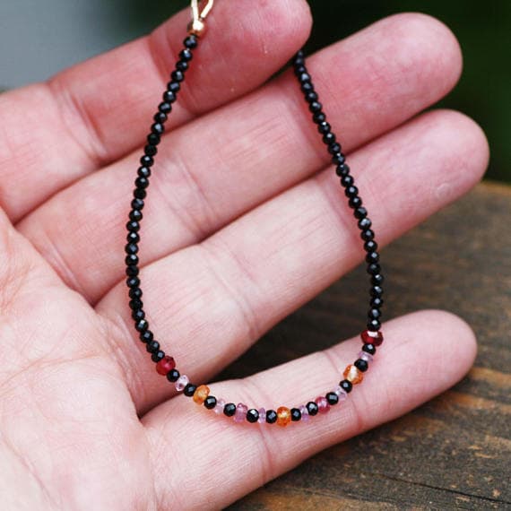 24k gold Plated good luck gift Gold Helling 2mm stacking Multi Natural Black Spinel, Orange Pink Sapphire  Bracelet Rondelle, Faceted 7" for mens, womens, gf, bf & Adult.