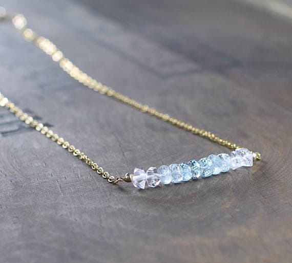 24k gold Wholesale 5.5-6mm Aqua Ombre Aquamarine & Herkimer Diamond stacking Necklace Rondelle, Faceted 17 Inch for mens, womens, gf, bf and adults.