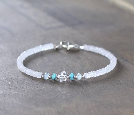 925 sterling silver Personalized Gift 3mm Multi Colour Turquoise, Herkimer Diamond Crystal & Moonstone  stacking Bracelet rondelle,fancy, Faceted 18cm for mens, womens, gf, bf and adults.