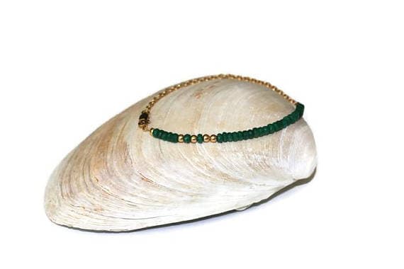 24k gold Plated Grounding Gold Helling  3-4mm stacking Green Emerald Bracelet Rondelle, Faceted 7" for mens, womens, gf, bf & Adult.