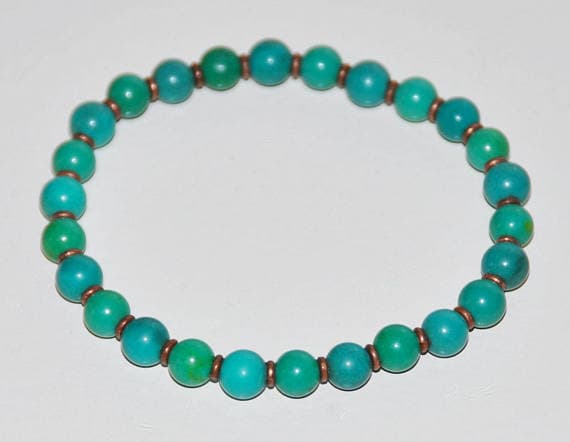 Rose Gold Blush Jewelry 6mm Sky Blue Turquoise Stretchable Bracelet Round, Smooth 18cm for mens, womens, gf, bf and adults.
