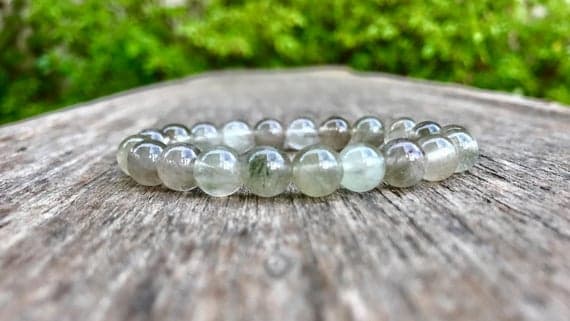 Jewelry Energy 8mm Stretchable Gray & White Rutile Quartz Bracelet Round, Smooth 7" for mens, womens, gf, bf & Adult.
