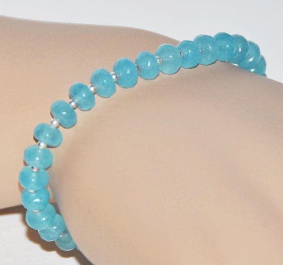 925 sterling silver Anxiety Gemstone 4mm Sky Blue Aquamarine Stretchable Bracelet Rondelle, faceted 18cm for mens, womens, gf, bf and adults.