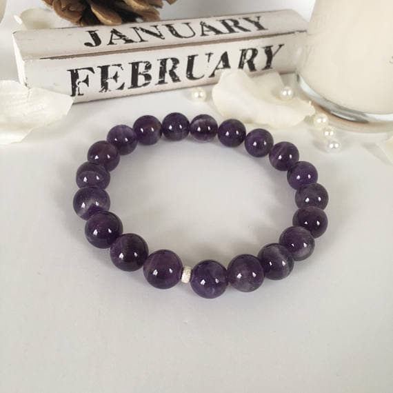 Anniversary Gift 10mm Stretchable Purple Amethyst Bracelet Round, Smooth 7.5" for mens, womens, gf, bf & Adult.