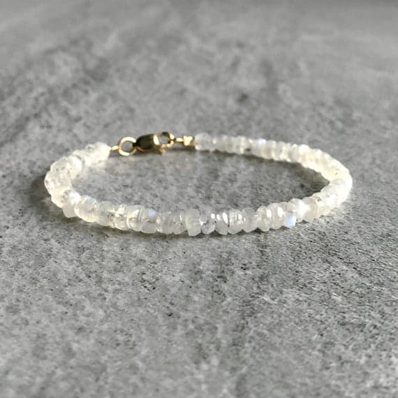 24k gold Blush Jewelry 4mm White Moonstone stacking Bracelet Rondelle, Faceted 18cm for mens, womens, gf, bf and adults.