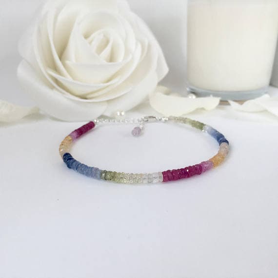 925 sterling Silver Unique Wedding Gift 3x1-4x1mm stacking Multi Sapphire Bracelet Rondelle, Smooth 7" for mens, womens, gf, bf & Adult.