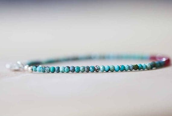 925 sterling silver Jewelry Energy 2.5mm Multi Colour Turquoise & Ruby  stacking Bracelet Round, Faceted 18cm for mens, womens, gf, bf and adults.