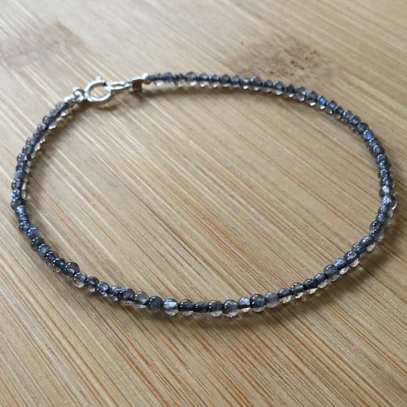 925 sterling Silver Anniversary Gift 2mm stacking Gray Fire Labradorite  Bracelet Round, Smooth 7" for mens, womens.