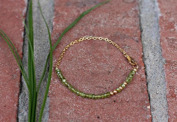24k gold Plated Anxiety Relief Calming Gold Helling 3-4mm stacking Green Peridot Bracelet Rondelle, Faceted 7" for mens, womens, gf, bf & Adult.