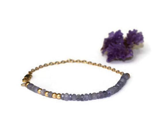 24k gold Plated Dainty Slave Loose Silver Helling 3-4mm stacking Blue Tanzanite Bracelet Rondelle, Faceted 7" for mens, womens, gf, bf & Adult.