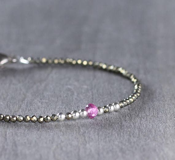 925 sterling silver Galaxy Jewelry 2.5-4mm Pink Tourmaline & Pyrite stacking Bracelet Round, Faceted 18CM for mens, womens, gf, bf and adults.