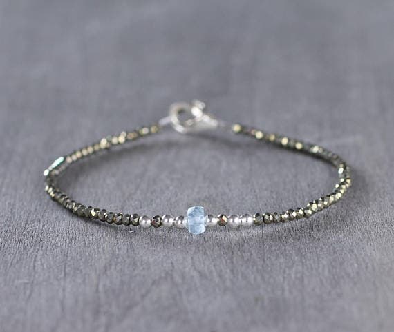925 sterling silver Natural 2.5-4mm Green Aquamarine & Pyrite stacking Bracelet Rondelle, Faceted 18cm for mens, womens, gf, bf and adults.