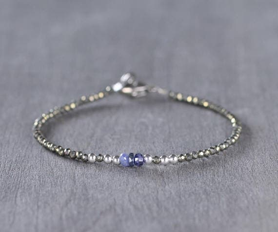925 sterling silver Anxiety Gemstone 2.25-3mm Multi Colour Sapphire & Pyrite stacking Bracelet Rondelle, Faceted 18cm for mens, womens, gf, bf and adults.