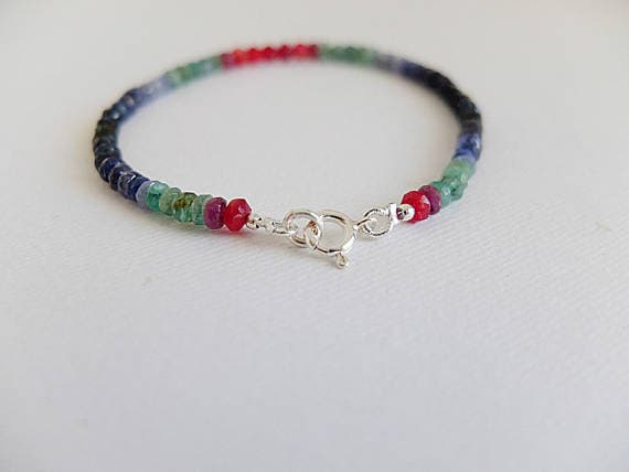 AAA++ Rare Quality Multi gem unusual gemstone bracelet with raw red Ruby, red agate,shaded green emerald and midnight blue sapphire,black sapphire,ruby emerald 4 mm Code- TJH103