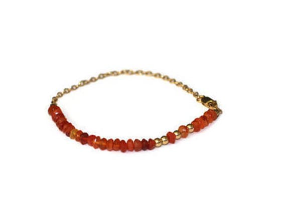 24k gold Plated Personalized Gift Gold Helling 3-4mm stacking Orange Carnelian Bracelet Rondelle, Faceted 7" for mens, womens, gf, bf & Adult.