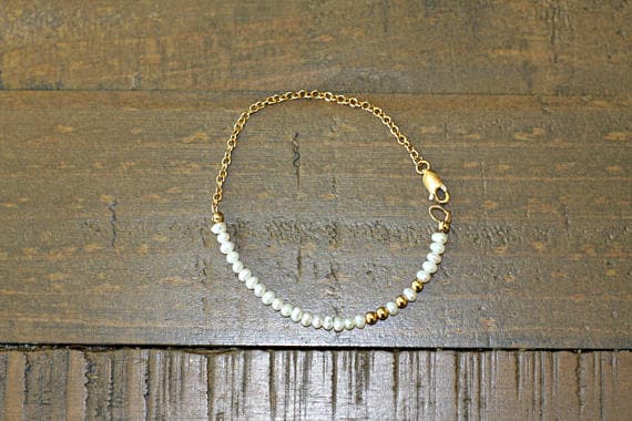 24k gold Plated Jewelry Energy Gold Helling 3-4mm stacking White Pearl Bracelet Rondelle, Faceted 7" for mens, womens, gf, bf & Adult.