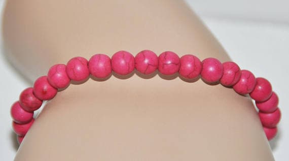 Handmade Beaded 6mm Pink Pink Howlite  Stretchable Bracelet Round, Smooth 18cm for mens, womens, gf, bf and adults.
