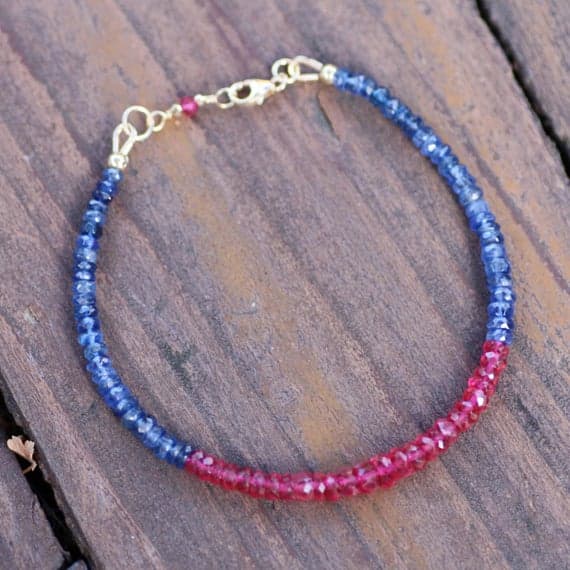 925 sterling Silver Bridesmaid Jewelry Silver  Helling 3.5-5mm stacking Blue & Red Natural Red Spinel and Sapphire Blue Kyanite Bracelet Rondelle, Faceted 7" for mens, womens, gf, bf & Adult.