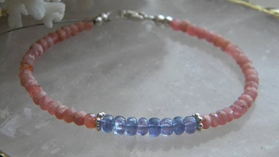 925 sterling Silver Jewelry Energy 3.5MM stacking Blue & Pink Tanzanite & Rhodochrosite Bracelet Rondelle, Faceted 7" for mens, womens, gf, bf & Adult.
