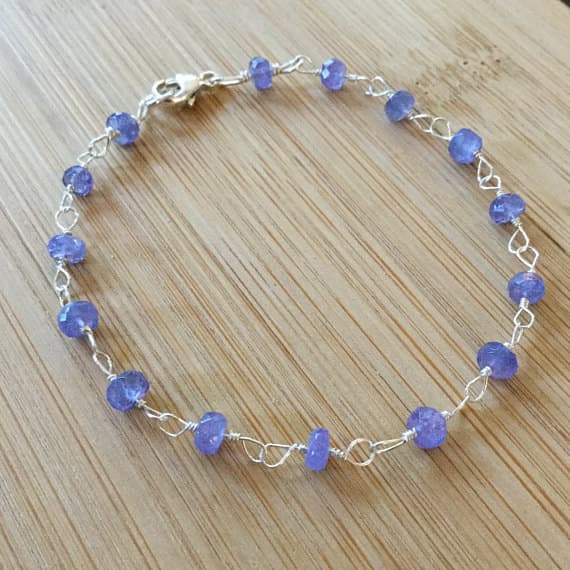 925 sterling Silver Anniversary Gift 3.5-4mm stacking Blue Tanzanite Bracelet Rondelle, Smooth 7" for mens, womens.