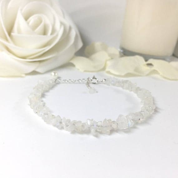 925 sterling Silver Natural 2x1-8x2mm stacking White Rainbow Moonstone Bracelet Chips, Faceted 7" for mens, womens, gf, bf & Adult.