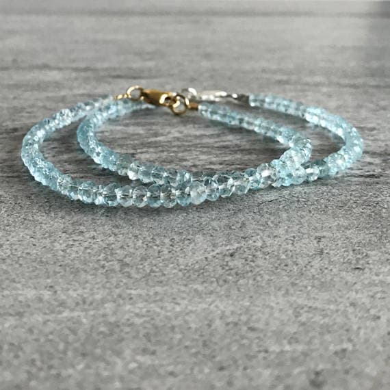 24k gold,925 stacking silver memorial gift 4mm Sky Blue Genuine Blue Topaz stacking Bracelet Rondelle, Faceted 18cm for mens, womens, gf, bf and adults.